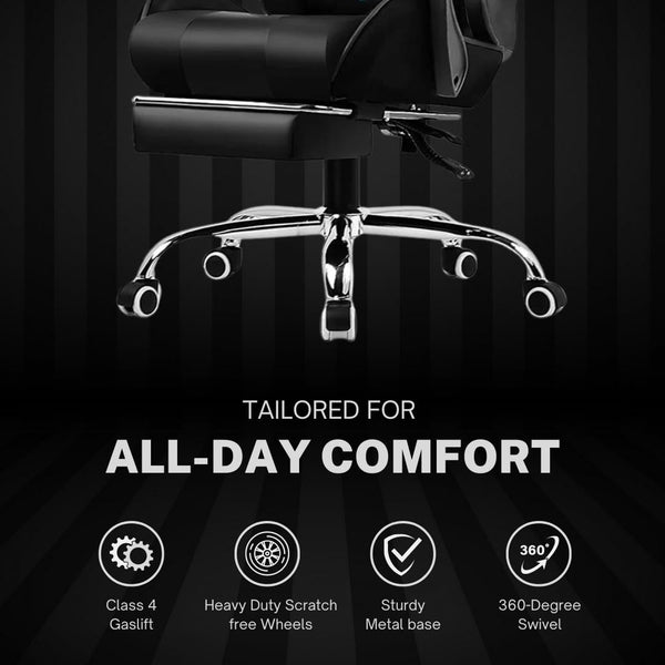 Multi-Functional Ergonomic Gaming & Computer Chair – Massage Cushion, Premium PU Leather, Adjustable Neck & Lumbar Pillow for Back Support & Footrest, Home & Office Chair (Black)