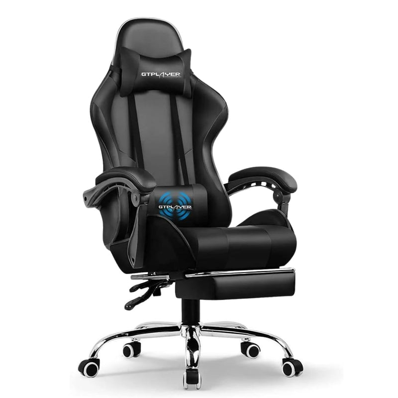 Multi-Functional Ergonomic Gaming & Computer Chair – Massage Cushion, Premium PU Leather, Adjustable Neck & Lumbar Pillow for Back Support & Footrest, Home & Office Chair (Black)