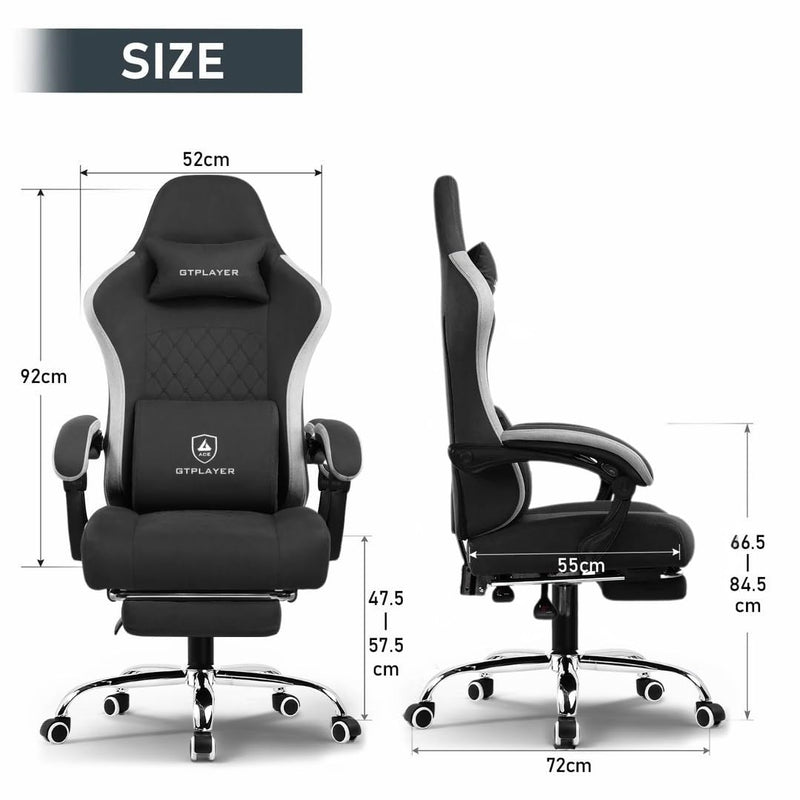 GTPLAYER Multi-Functional Ergonomic Gaming & Computer Chair – Breathable Fabric, Pocket Spring Cushion, Adjustable Neck & Lumbar Pillow for Back Support & Footrest, Home & Office Chair (Black)