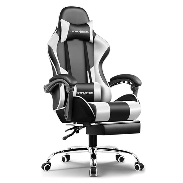Multi-Functional Ergonomic Gaming & Computer Chair – Massage Cushion, Premium PU Leather, Adjustable Neck & Lumbar Pillow for Back Support & Footrest, Home & Office Chair (White)