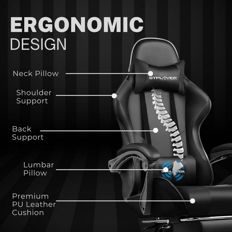 Multi-Functional Ergonomic Gaming & Computer Chair – Massage Cushion, Premium PU Leather, Adjustable Neck & Lumbar Pillow for Back Support & Footrest, Home & Office Chair (Black)