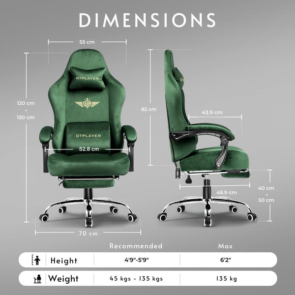 GTPLAYER Multi-Functional Ergonomic Gaming & Computer Chair – Breathable Fabric, Pocket Spring Cushion, Adjustable Neck & Lumbar Pillow for Back Support & Footrest, Home & Office Chair (Green)