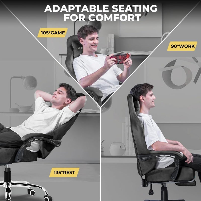 GTPLAYER Multi-Functional Ergonomic Gaming & Computer Chair – Breathable Fabric, Pocket Spring Cushion, Adjustable Neck & Lumbar Pillow for Back Support & Footrest, Home & Office Chair (Grey)
