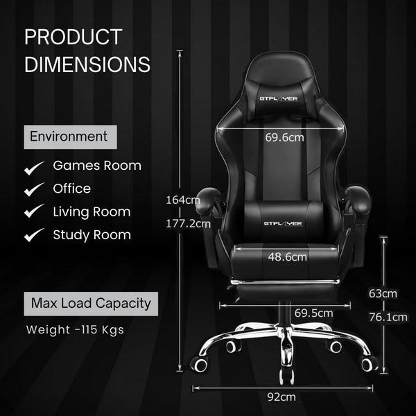 Multi-Functional Ergonomic Gaming & Computer Chair – Massage Cushion, Premium PU Leather, Adjustable Neck & Lumbar Pillow for Back Support & Footrest, Home & Office Chair (Black)