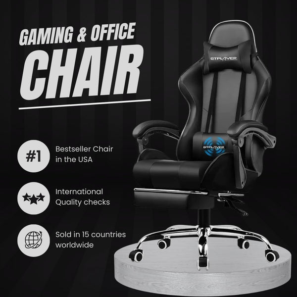 Multi-Functional Ergonomic Gaming & Computer Chair – Massage Cushion, Premium PU Leather, Adjustable Neck & Lumbar Pillow for Back Support & Footrest, Home & Office Chair (Black)
