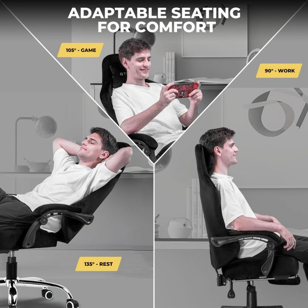 GTPLAYER Multi-Functional Ergonomic Gaming & Computer Chair – Breathable Fabric, Pocket Spring Cushion, Adjustable Neck & Lumbar Pillow for Back Support & Footrest, Home & Office Chair (Black)