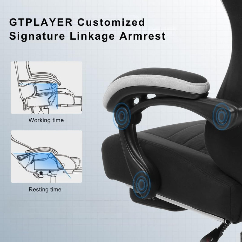 GTPLAYER Multi-Functional Ergonomic Gaming & Computer Chair – Breathable Fabric, Pocket Spring Cushion, Adjustable Neck & Lumbar Pillow for Back Support & Footrest, Home & Office Chair (Black)