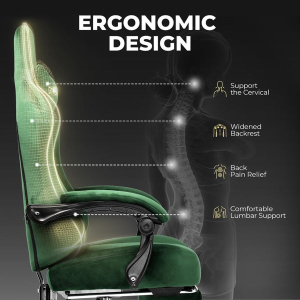 GTPLAYER Multi-Functional Ergonomic Gaming & Computer Chair – Breathable Fabric, Pocket Spring Cushion, Adjustable Neck & Lumbar Pillow for Back Support & Footrest, Home & Office Chair (Green)