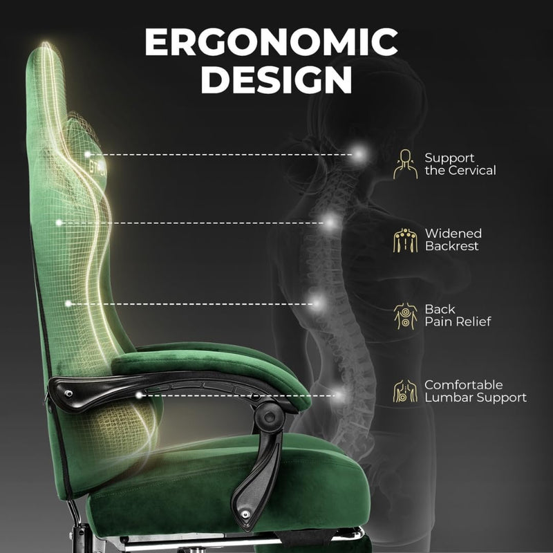 GTPLAYER Multi-Functional Ergonomic Gaming & Computer Chair – Breathable Fabric, Pocket Spring Cushion, Adjustable Neck & Lumbar Pillow for Back Support & Footrest, Home & Office Chair (Green)