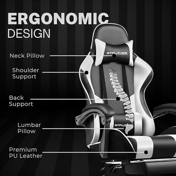 Multi-Functional Ergonomic Gaming & Computer Chair – Massage Cushion, Premium PU Leather, Adjustable Neck & Lumbar Pillow for Back Support & Footrest, Home & Office Chair (White)
