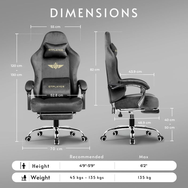 GTPLAYER Multi-Functional Ergonomic Gaming & Computer Chair – Breathable Fabric, Pocket Spring Cushion, Adjustable Neck & Lumbar Pillow for Back Support & Footrest, Home & Office Chair (Grey)