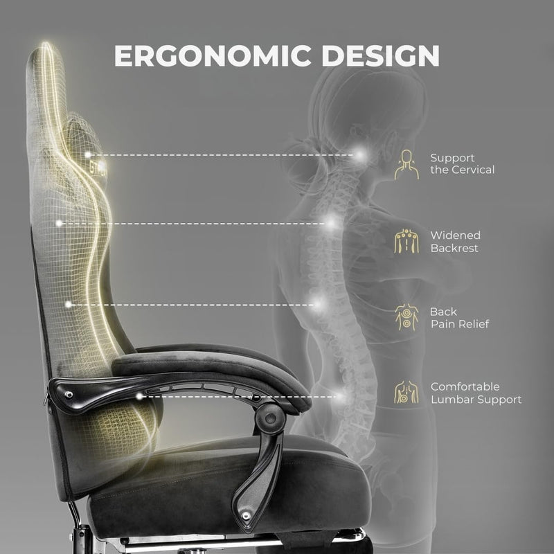 GTPLAYER Multi-Functional Ergonomic Gaming & Computer Chair – Breathable Fabric, Pocket Spring Cushion, Adjustable Neck & Lumbar Pillow for Back Support & Footrest, Home & Office Chair (Grey)