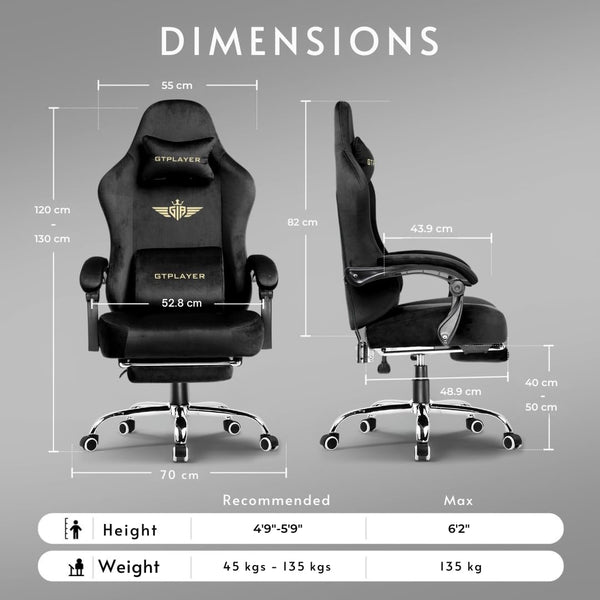 GTPLAYER Multi-Functional Ergonomic Gaming & Computer Chair – Breathable Fabric, Pocket Spring Cushion, Adjustable Neck & Lumbar Pillow for Back Support & Footrest, Home & Office Chair (Black)