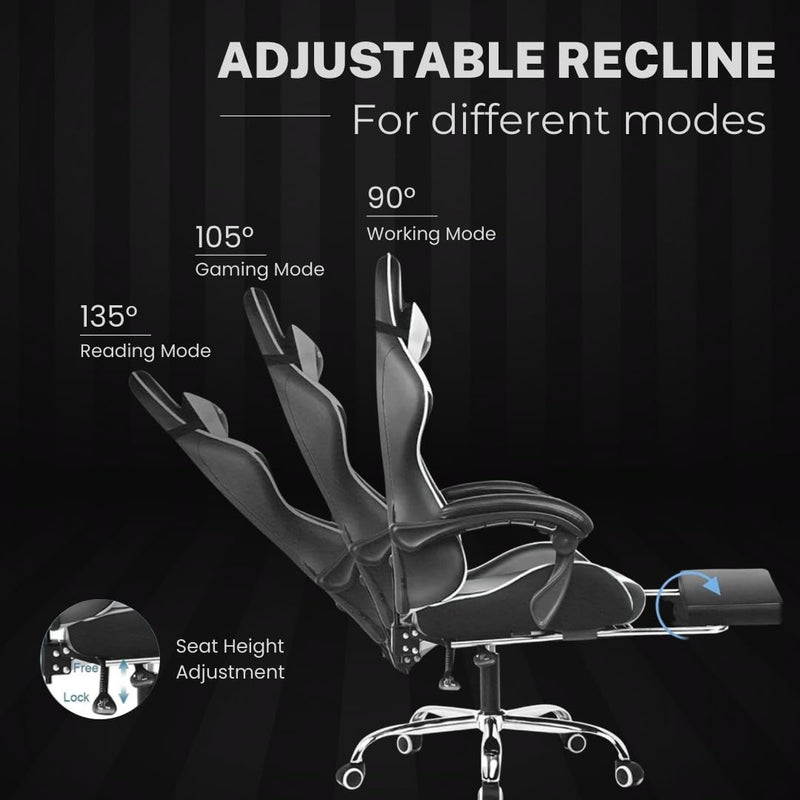 Multi-Functional Ergonomic Gaming & Computer Chair – Massage Cushion, Premium PU Leather, Adjustable Neck & Lumbar Pillow for Back Support & Footrest, Home & Office Chair (Black)