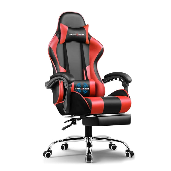 Multi-Functional Ergonomic Gaming & Computer Chair – Massage Cushion, Premium PU Leather, Adjustable Neck & Lumbar Pillow for Back Support & Footrest, Home & Office Chair (Red)