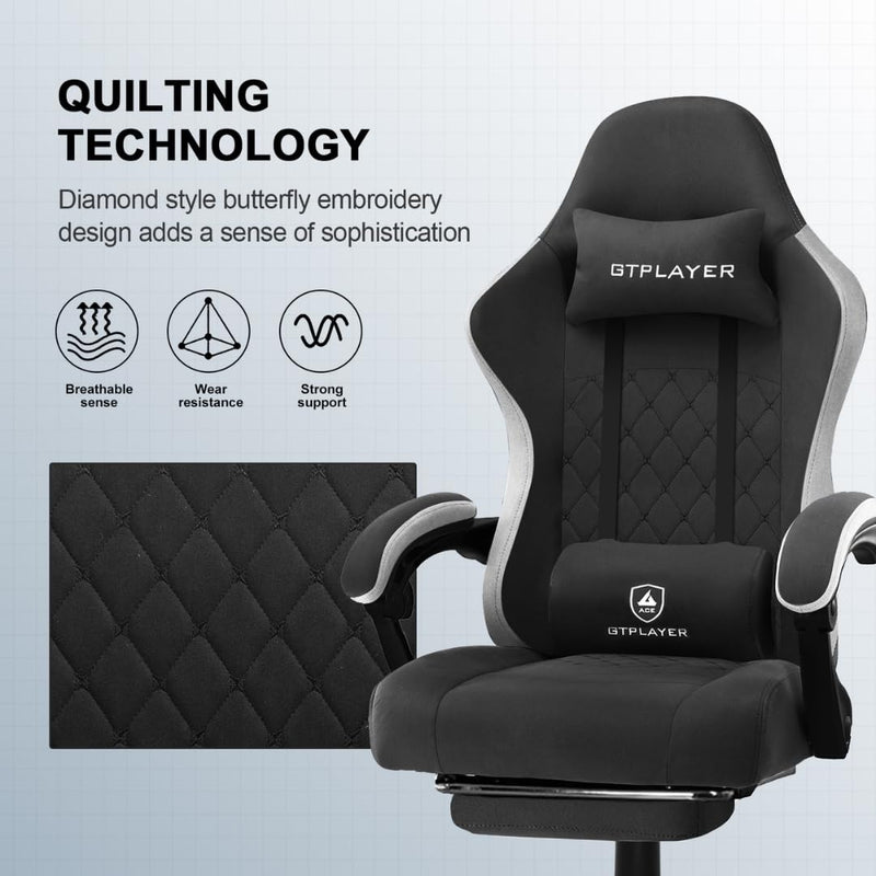 GTPLAYER Multi-Functional Ergonomic Gaming & Computer Chair – Breathable Fabric, Pocket Spring Cushion, Adjustable Neck & Lumbar Pillow for Back Support & Footrest, Home & Office Chair (Black)