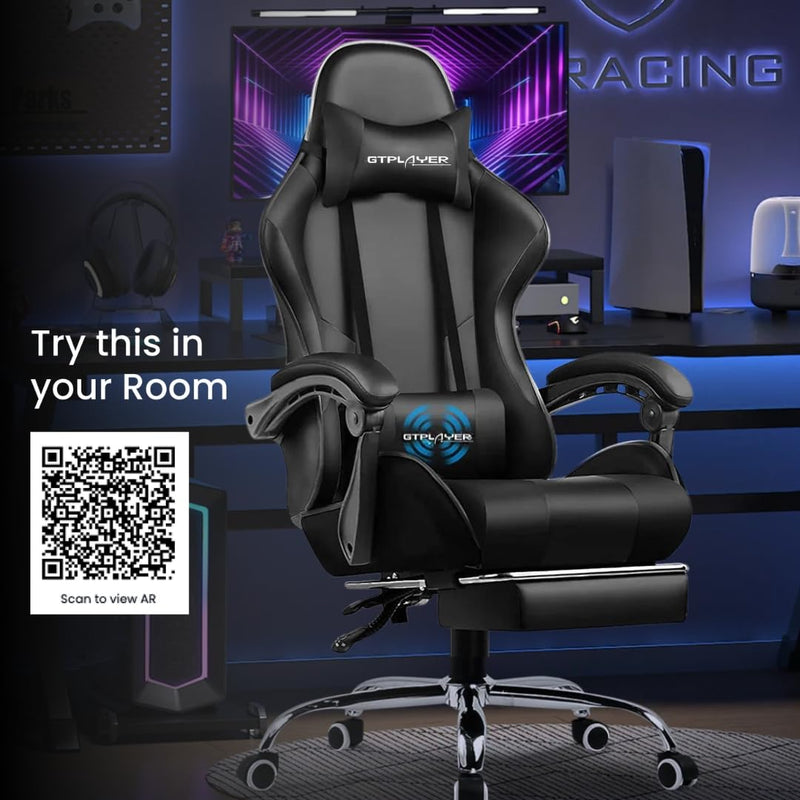 Multi-Functional Ergonomic Gaming & Computer Chair – Massage Cushion, Premium PU Leather, Adjustable Neck & Lumbar Pillow for Back Support & Footrest, Home & Office Chair (Black)