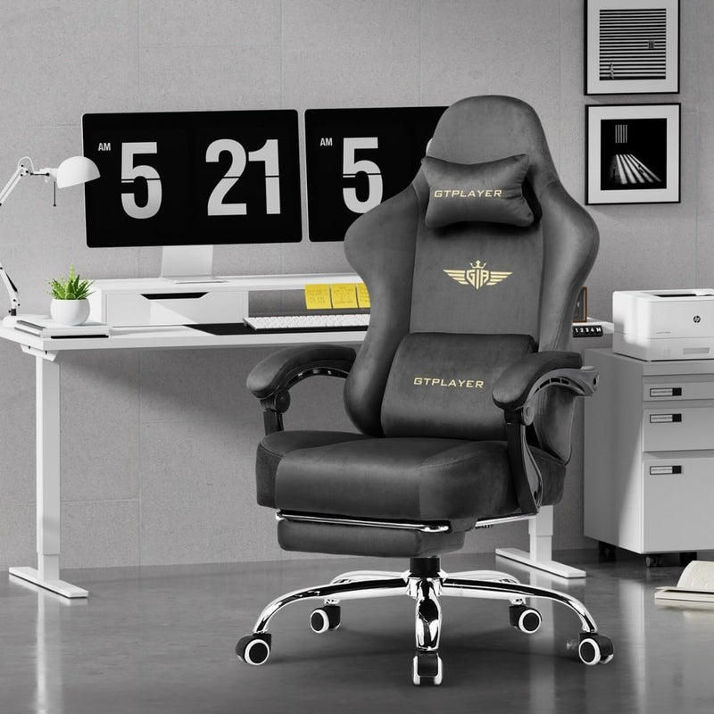 GTPLAYER Multi-Functional Ergonomic Gaming & Computer Chair – Breathable Fabric, Pocket Spring Cushion, Adjustable Neck & Lumbar Pillow for Back Support & Footrest, Home & Office Chair (Grey)