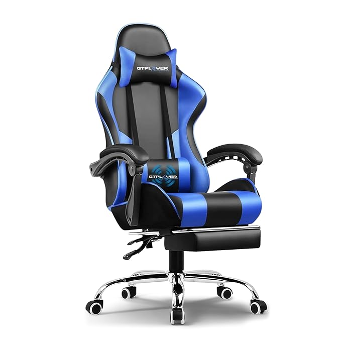 Multi-Functional Ergonomic Gaming & Computer Chair – Massage Cushion, Premium PU Leather, Adjustable Neck & Lumbar Pillow for Back Support & Footrest, Home & Office Chair (Blue)