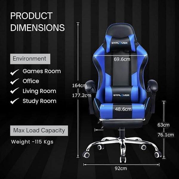 Multi-Functional Ergonomic Gaming & Computer Chair – Massage Cushion, Premium PU Leather, Adjustable Neck & Lumbar Pillow for Back Support & Footrest, Home & Office Chair (Blue)