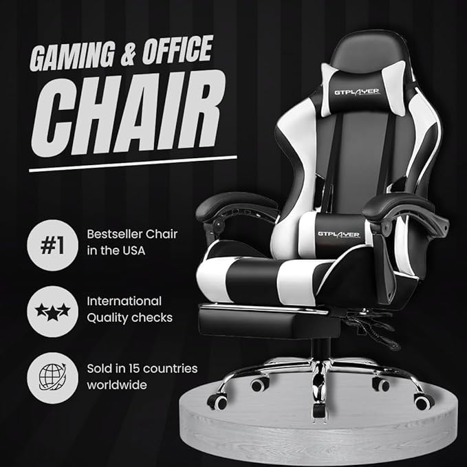 Multi-Functional Ergonomic Gaming & Computer Chair – Massage Cushion, Premium PU Leather, Adjustable Neck & Lumbar Pillow for Back Support & Footrest, Home & Office Chair (White)