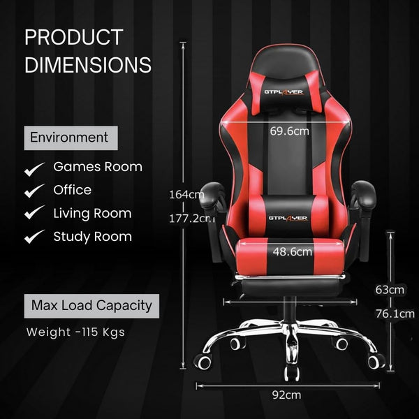 Multi-Functional Ergonomic Gaming & Computer Chair – Massage Cushion, Premium PU Leather, Adjustable Neck & Lumbar Pillow for Back Support & Footrest, Home & Office Chair (Red)