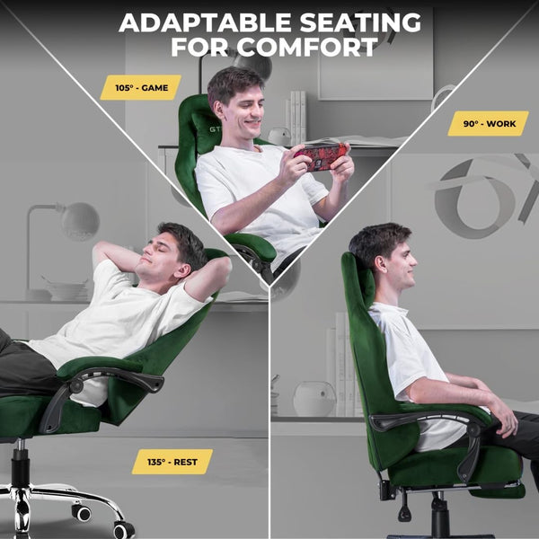 GTPLAYER Multi-Functional Ergonomic Gaming & Computer Chair – Breathable Fabric, Pocket Spring Cushion, Adjustable Neck & Lumbar Pillow for Back Support & Footrest, Home & Office Chair (Green)