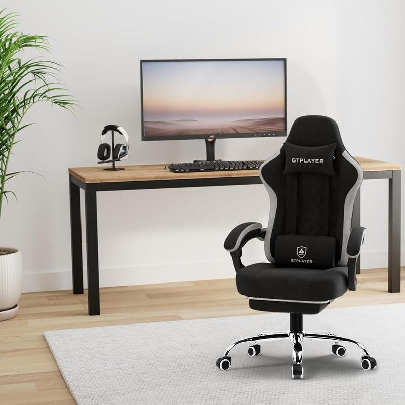 GTPLAYER Multi-Functional Ergonomic Gaming & Computer Chair – Breathable Fabric, Pocket Spring Cushion, Adjustable Neck & Lumbar Pillow for Back Support & Footrest, Home & Office Chair (Black)