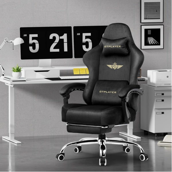 GTPLAYER Multi-Functional Ergonomic Gaming & Computer Chair – Breathable Fabric, Pocket Spring Cushion, Adjustable Neck & Lumbar Pillow for Back Support & Footrest, Home & Office Chair (Black)