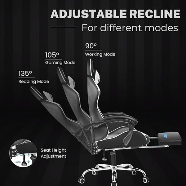 Multi-Functional Ergonomic Gaming & Computer Chair – Massage Cushion, Premium PU Leather, Adjustable Neck & Lumbar Pillow for Back Support & Footrest, Home & Office Chair (White)