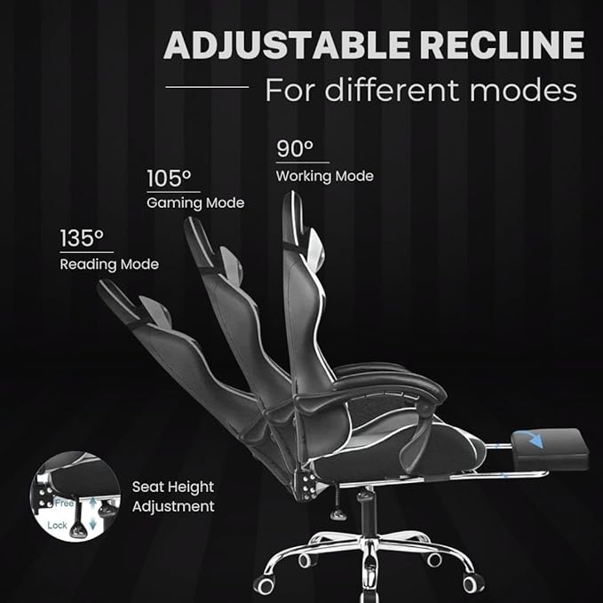 Multi-Functional Ergonomic Gaming & Computer Chair – Massage Cushion, Premium PU Leather, Adjustable Neck & Lumbar Pillow for Back Support & Footrest, Home & Office Chair (White)