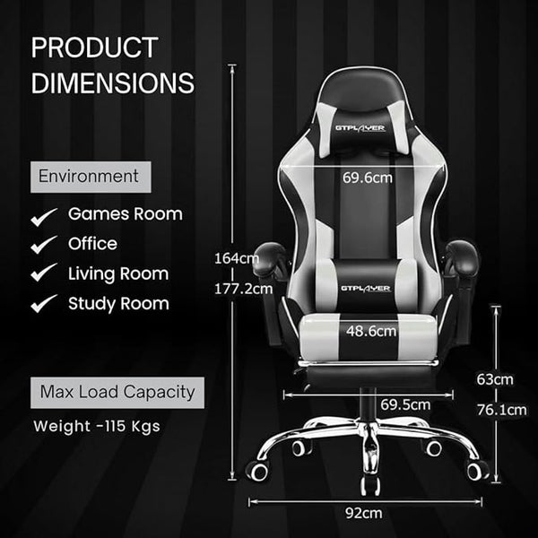 Multi-Functional Ergonomic Gaming & Computer Chair – Massage Cushion, Premium PU Leather, Adjustable Neck & Lumbar Pillow for Back Support & Footrest, Home & Office Chair (White)
