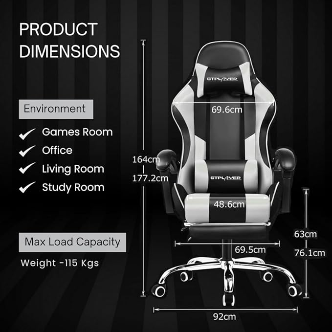 Multi-Functional Ergonomic Gaming & Computer Chair – Massage Cushion, Premium PU Leather, Adjustable Neck & Lumbar Pillow for Back Support & Footrest, Home & Office Chair (White)