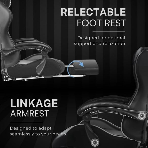 Multi-Functional Ergonomic Gaming & Computer Chair – Massage Cushion, Premium PU Leather, Adjustable Neck & Lumbar Pillow for Back Support & Footrest, Home & Office Chair (Black)