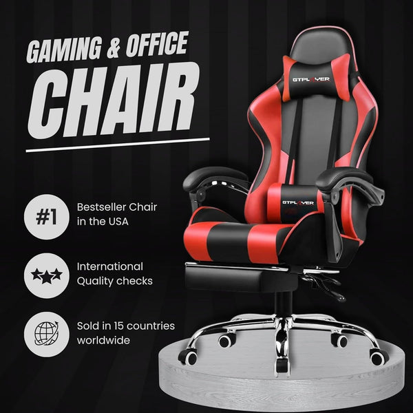 Multi-Functional Ergonomic Gaming & Computer Chair – Massage Cushion, Premium PU Leather, Adjustable Neck & Lumbar Pillow for Back Support & Footrest, Home & Office Chair (Red)