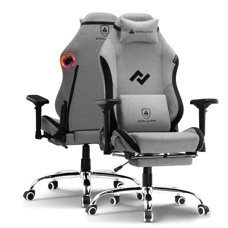 GTPLAYER - Multi-Functional Ergonomic Computer Gaming Chair with Bluetooth Speakers - Breathable Fabric, Adjustable Neck, Lumbar Pillow & Footrest, Home & Office Chair (Grey)
