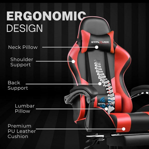 Multi-Functional Ergonomic Gaming & Computer Chair – Massage Cushion, Premium PU Leather, Adjustable Neck & Lumbar Pillow for Back Support & Footrest, Home & Office Chair (Red)