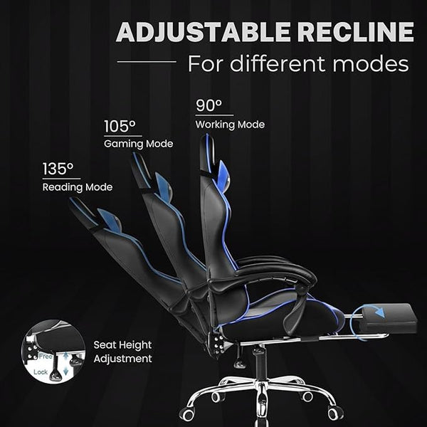 Multi-Functional Ergonomic Gaming & Computer Chair – Massage Cushion, Premium PU Leather, Adjustable Neck & Lumbar Pillow for Back Support & Footrest, Home & Office Chair (Blue)