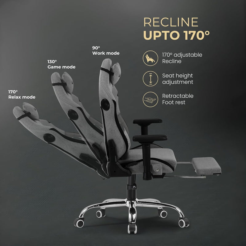 GTPLAYER - Multi-Functional Ergonomic Computer Gaming Chair with Bluetooth Speakers - Breathable Fabric, Adjustable Neck, Lumbar Pillow & Footrest, Home & Office Chair (Grey)