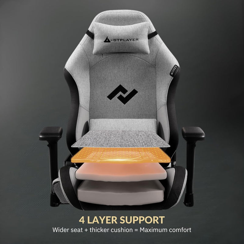 GTPLAYER - Multi-Functional Ergonomic Computer Gaming Chair with Bluetooth Speakers - Breathable Fabric, Adjustable Neck, Lumbar Pillow & Footrest, Home & Office Chair (Grey)