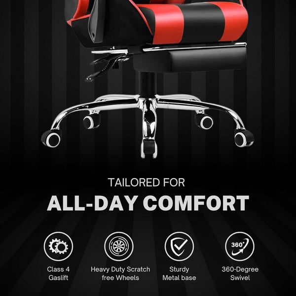 Multi-Functional Ergonomic Gaming & Computer Chair – Massage Cushion, Premium PU Leather, Adjustable Neck & Lumbar Pillow for Back Support & Footrest, Home & Office Chair (Red)