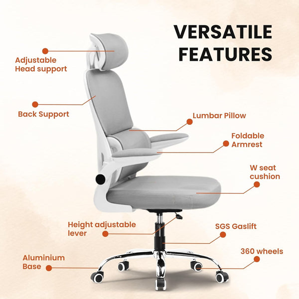 GTPLAYER - Ergonomic Office Chair | Auto-Adaptive Lumbar Support |High-End Quality Mesh Adjustable Neck & Armrests | Heavy-Duty Chromium Metal Base (Grey)