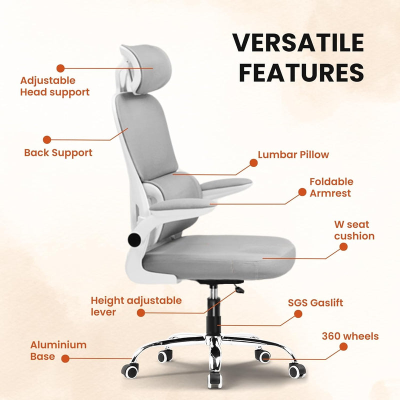 GTPLAYER - Ergonomic Office Chair | Auto-Adaptive Lumbar Support |High-End Quality Mesh Adjustable Neck & Armrests | Heavy-Duty Chromium Metal Base (Grey)