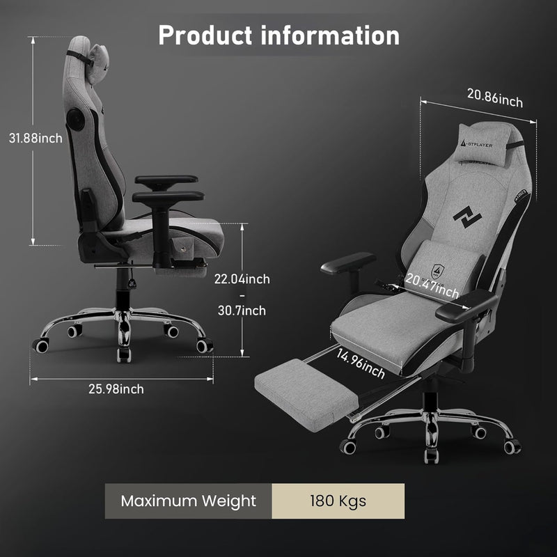 GTPLAYER - Multi-Functional Ergonomic Computer Gaming Chair with Bluetooth Speakers - Breathable Fabric, Adjustable Neck, Lumbar Pillow & Footrest, Home & Office Chair (Grey)