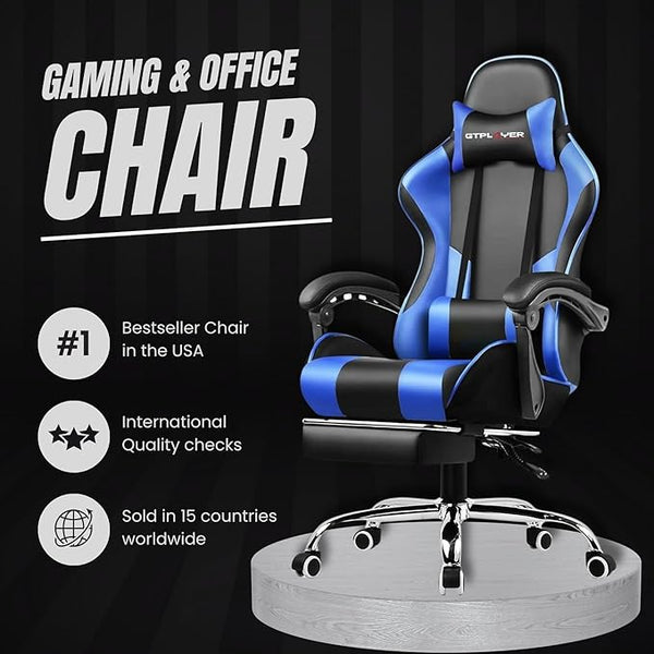 Multi-Functional Ergonomic Gaming & Computer Chair – Massage Cushion, Premium PU Leather, Adjustable Neck & Lumbar Pillow for Back Support & Footrest, Home & Office Chair (Blue)