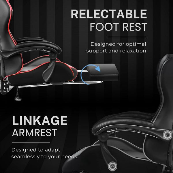 Multi-Functional Ergonomic Gaming & Computer Chair – Massage Cushion, Premium PU Leather, Adjustable Neck & Lumbar Pillow for Back Support & Footrest, Home & Office Chair (Red)