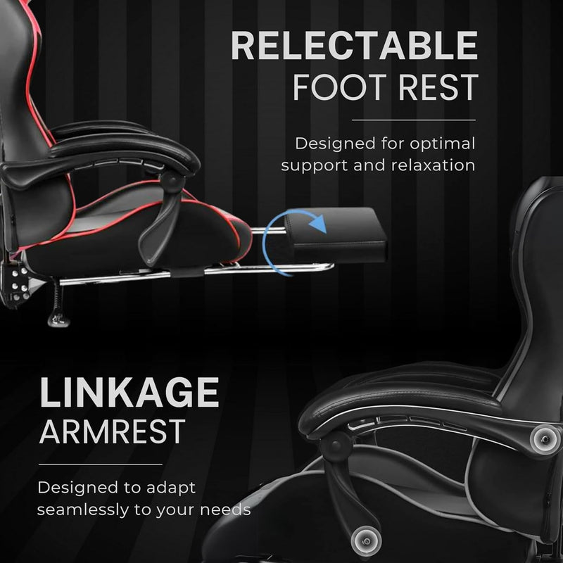 Multi-Functional Ergonomic Gaming & Computer Chair – Massage Cushion, Premium PU Leather, Adjustable Neck & Lumbar Pillow for Back Support & Footrest, Home & Office Chair (Red)