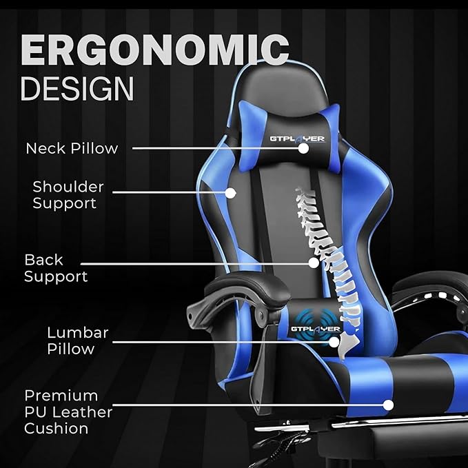 Multi-Functional Ergonomic Gaming & Computer Chair – Massage Cushion, Premium PU Leather, Adjustable Neck & Lumbar Pillow for Back Support & Footrest, Home & Office Chair (Blue)