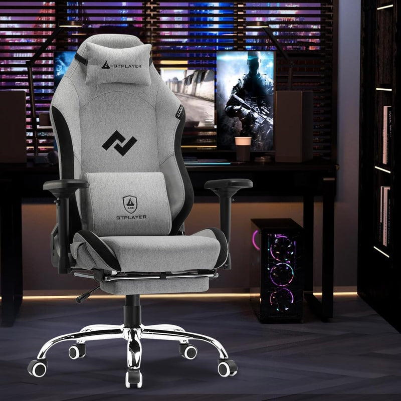 GTPLAYER - Multi-Functional Ergonomic Computer Gaming Chair with Bluetooth Speakers - Breathable Fabric, Adjustable Neck, Lumbar Pillow & Footrest, Home & Office Chair (Grey)