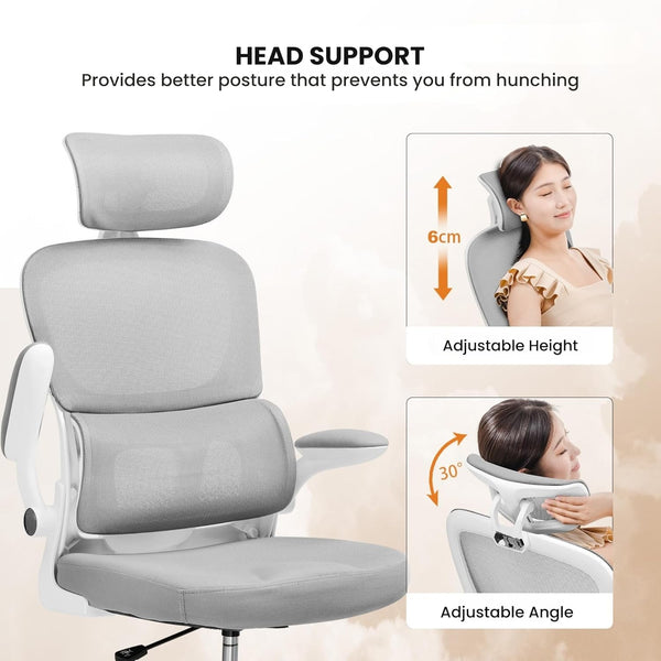 GTPLAYER - Ergonomic Office Chair | Auto-Adaptive Lumbar Support |High-End Quality Mesh Adjustable Neck & Armrests | Heavy-Duty Chromium Metal Base (Grey)